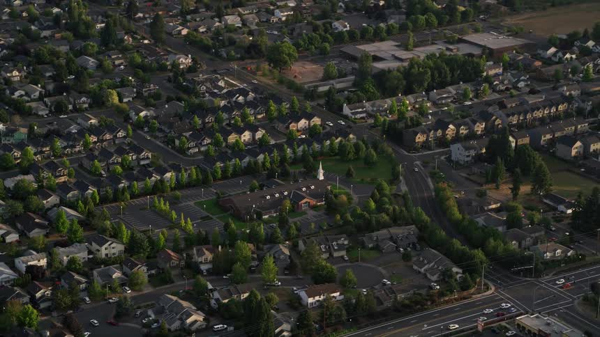 Passing the Church of Jesus Christ of Latter Day Saints during sunset in a suburban neighborhood in Beaverton Oregon