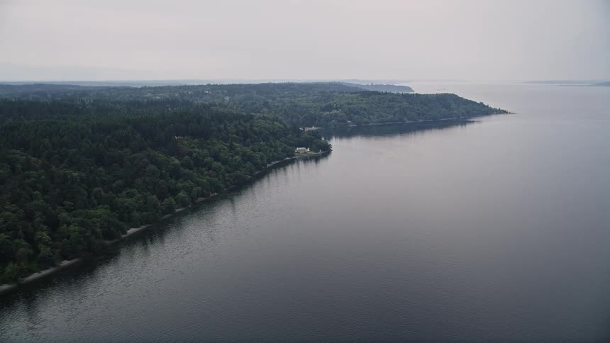 Aerial footage of an evergreen forest stretching along the shoreline of Vashon Island Washington on an overcast summer day showing the beautiful nature of the Pacific Northwest