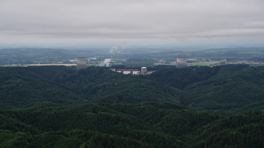 Aerial view of the tops of the cooling towers at Satsop Nuclear Power Plant in Satsop Washington during a cloudy day in the summer