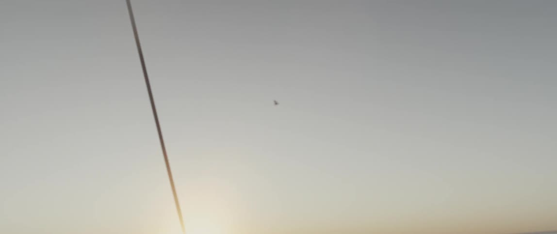 A bird is flying in the cloudy sky at sunset