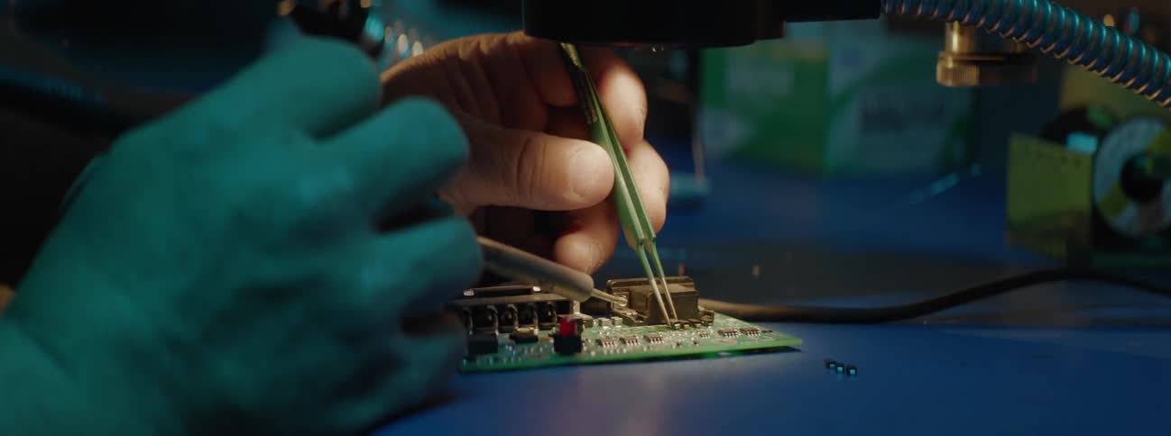 Closeup of hands performing reballing on a delicate computer component