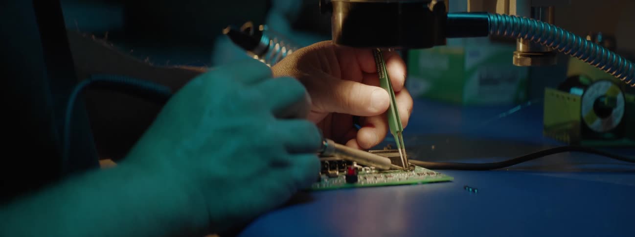 Closeup of a person performing reballing on hardware