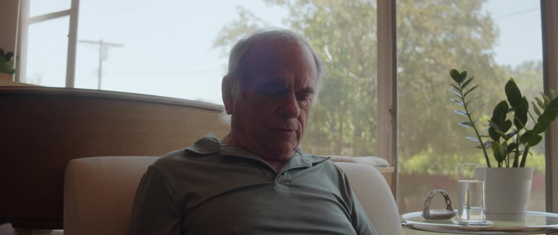 Elderly man sits at home near window and reads