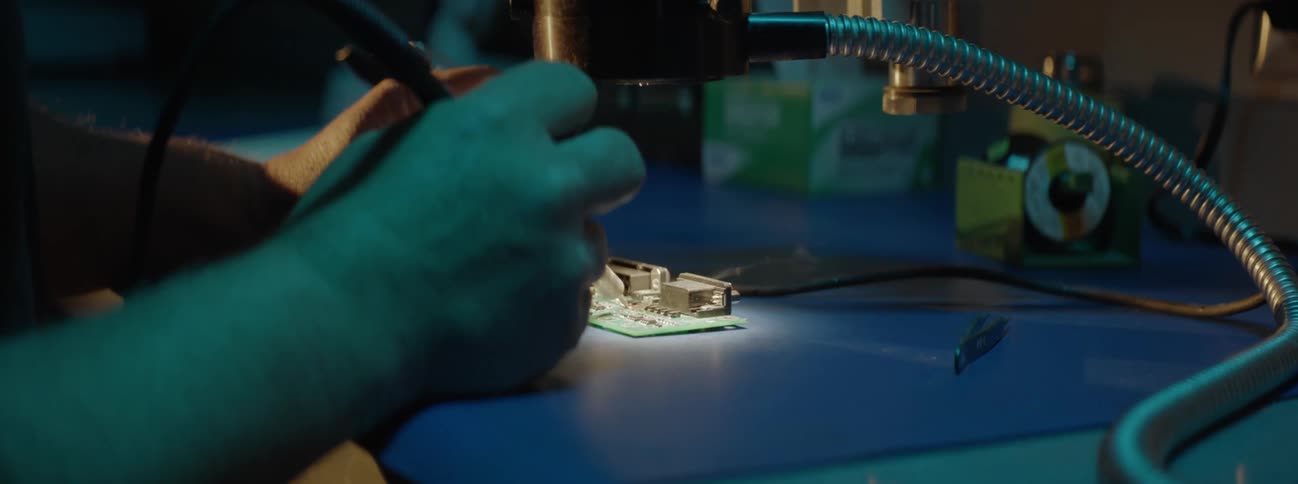 An electrician soldering a component in an electronic component with a table lamp on