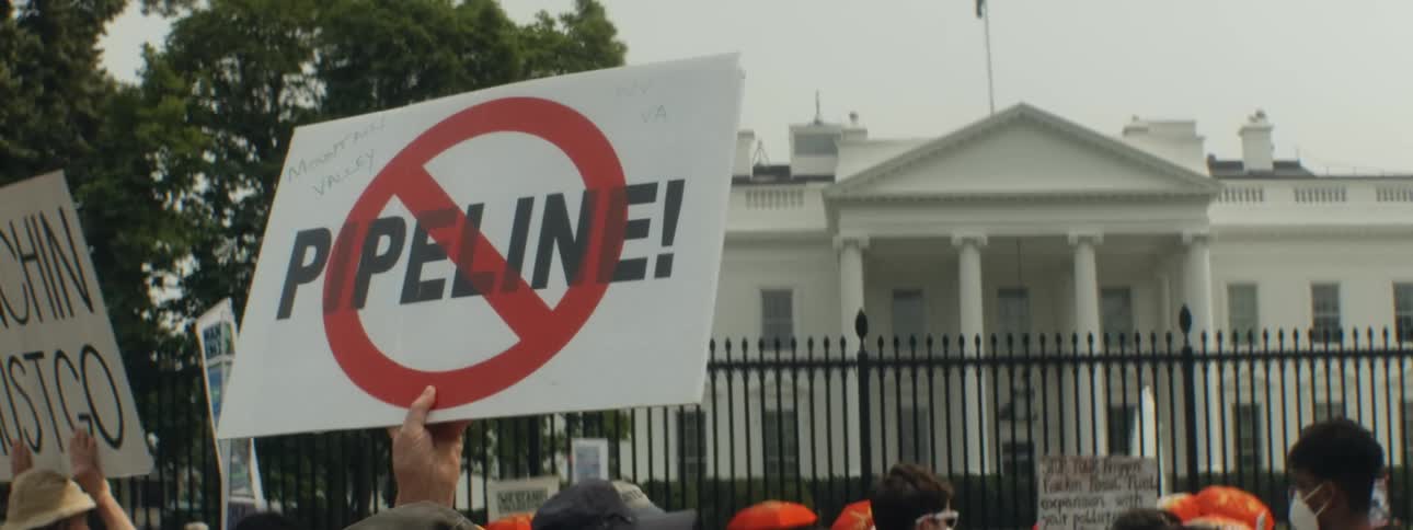 A crowd is protesting outside the white house gates