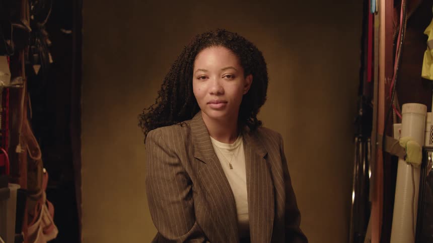 Camera flashes as woman poses in business suit in photography studio