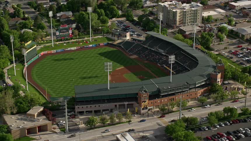  aerial footage captures the vibrant atmosphere of a baseball game at Spring Mobile Ballpark in Salt Lake City Utah