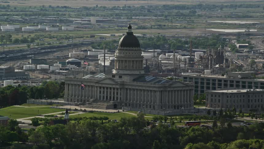 Aerial footage of an orbit around the Utah State Capitol building on Capitol Hill Salt Lake City Utah during a sunny day in the summer