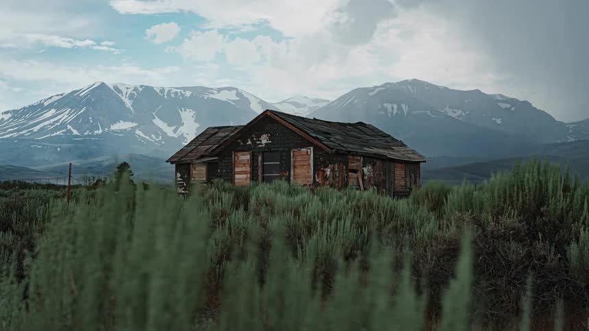 A run down house is before the mountain range