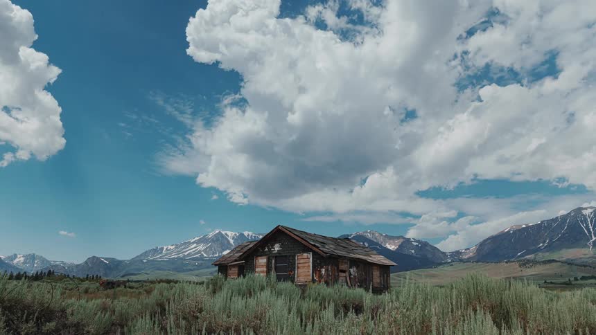 Timelapse of a wooden house in the middle of the mountains covered in ice