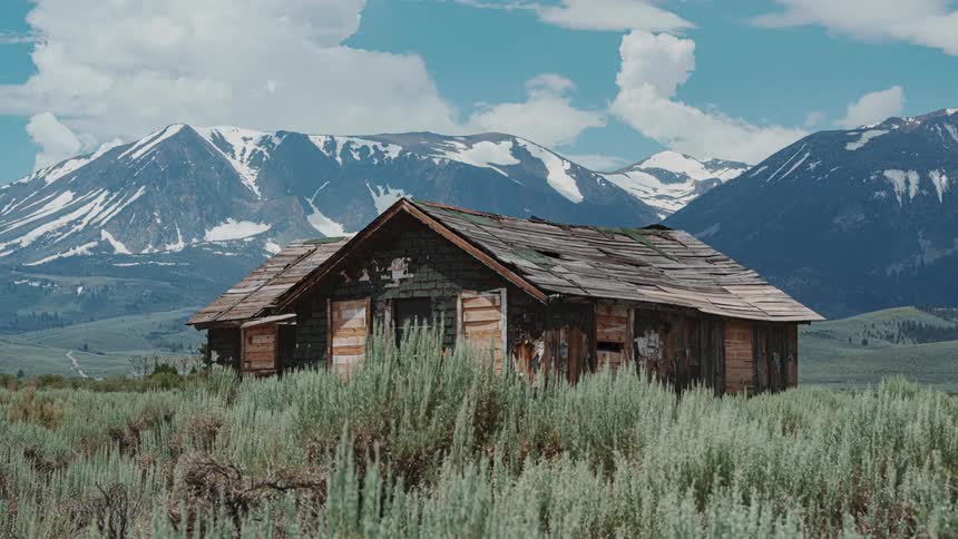 The cabin is boarded up by the mountains