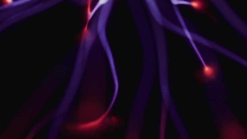 Abstract shockwaves with a purple hue and reddish tips on a black background
