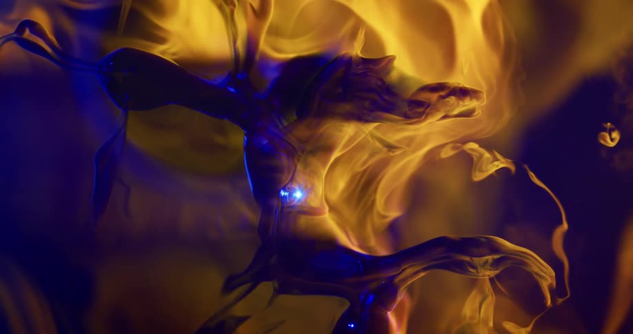 Blue and orange flames swirl together