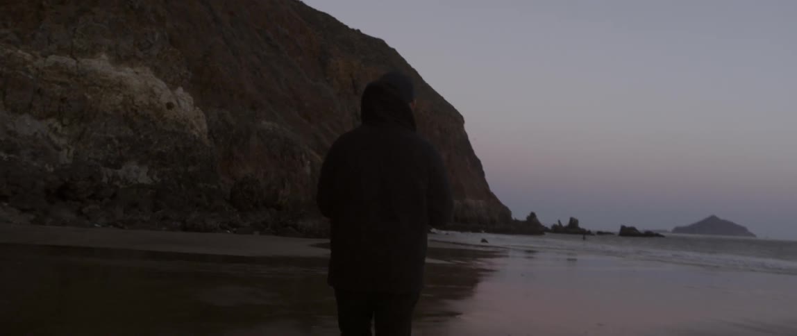 A person is walking along the beach at dawn