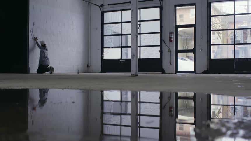 Person kneels near wall of windows and draws