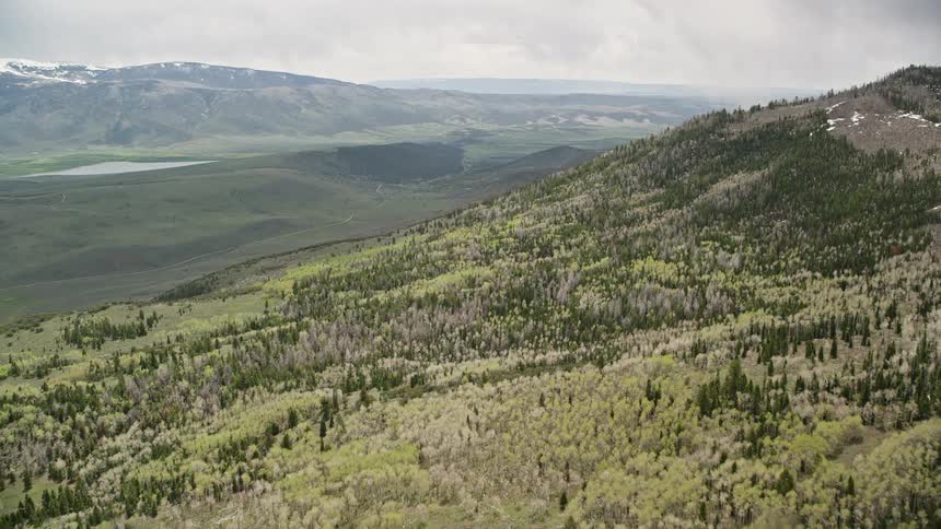  aerial footage of tree-covered mountain slopes and a green valley in Fishlake National Forest Utah on a cloudy day