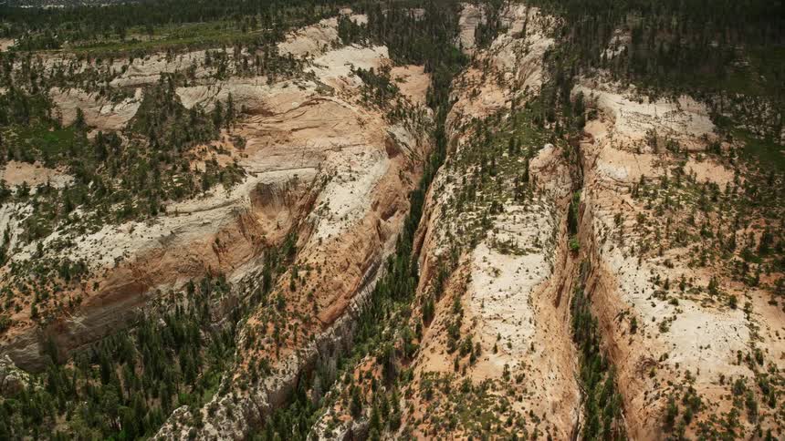an aerial view of narrow gorges in the mountains of Dixie National Forest Utah during a sunny summer day