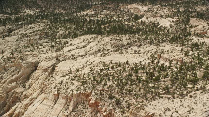 Aerial footage of an approach to the top of a canyon in the Grand Staircase-Escalante National Monument showcasing the desert vegetation and trees in Utah's Southwest region during a partly cloudy summer day