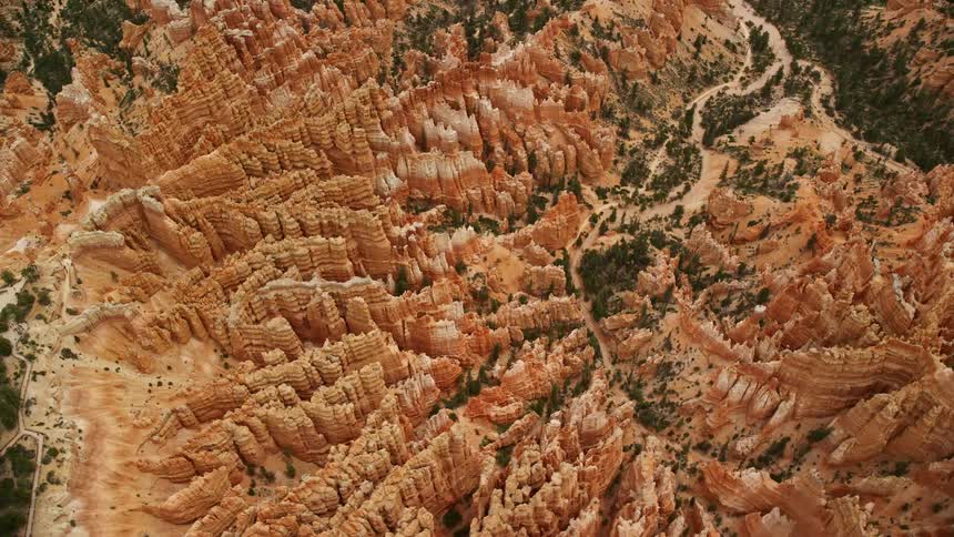 Bird's eye view of a large group of hoodoos in Bryce Canyon National Park Utah with cloudy skies