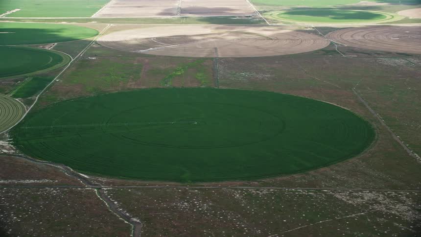 Aerial footage showcases green circular crop fields in Elberta Utah during summer with partly cloudy skies and shadows from clouds