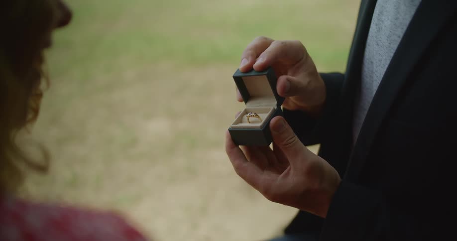 A man opens a ring box while proposing and the woman puts the ring on her finger