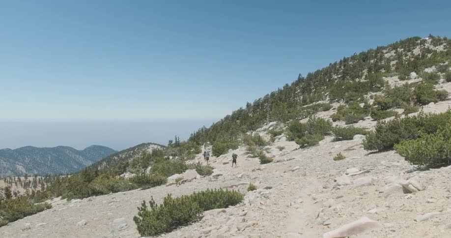 People hiking up mountain in wilderness on sunny day