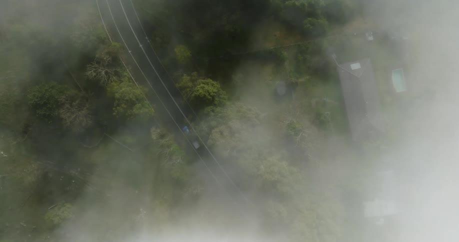 Cars drive on road near house with pool seen through fog
