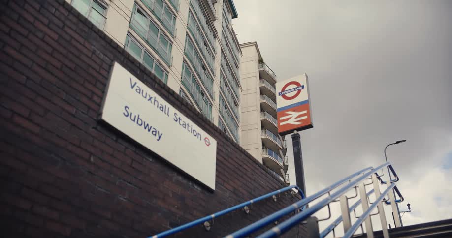 Stairs up from London Vauxhall train and underground/tube station on a cloudy day