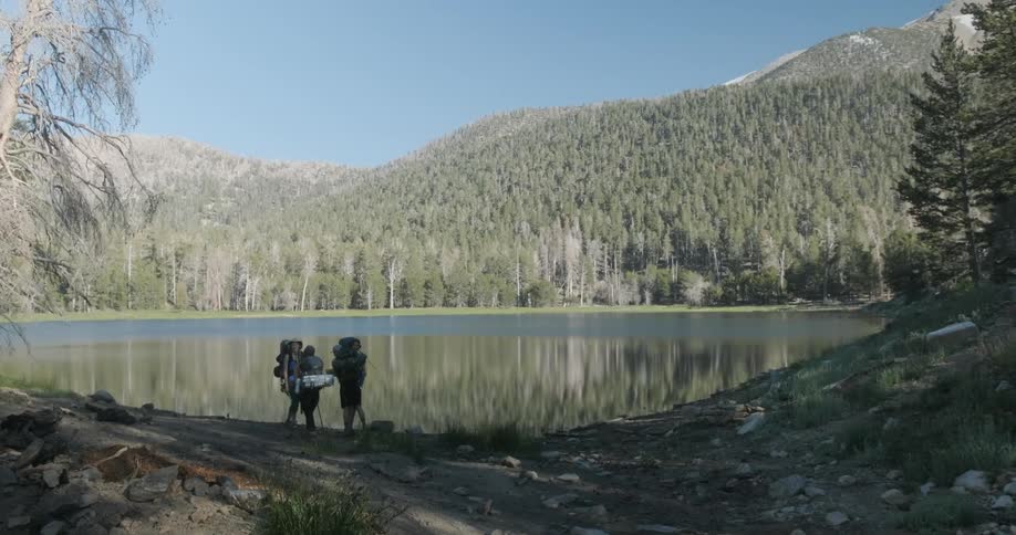 A group of people walk over to the lake