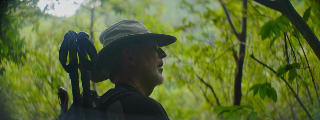 An older man turns to look up and around at his surroundings while hiking