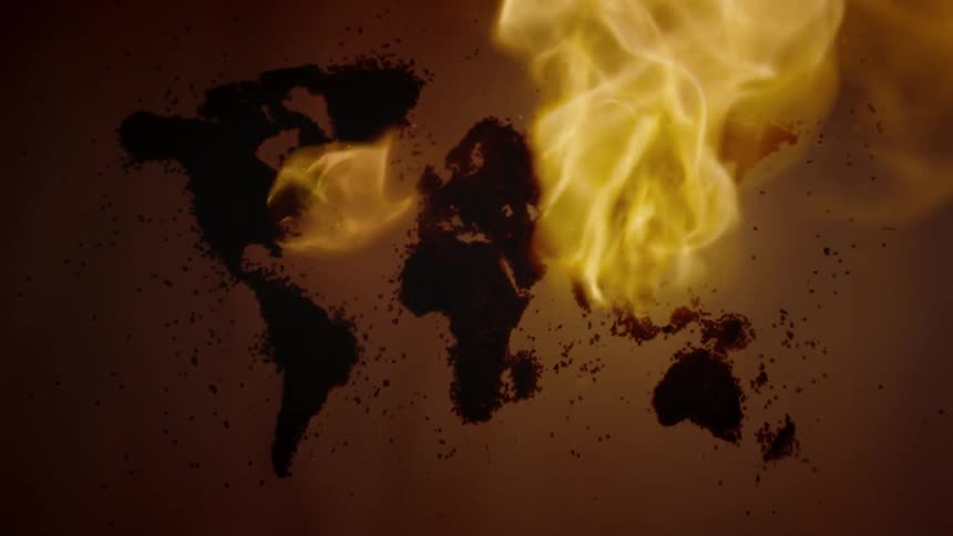 Yellow flames on the surface with a rough map of the world below