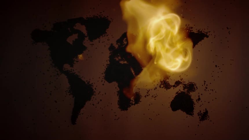 Flames burn across graphical representation of continents