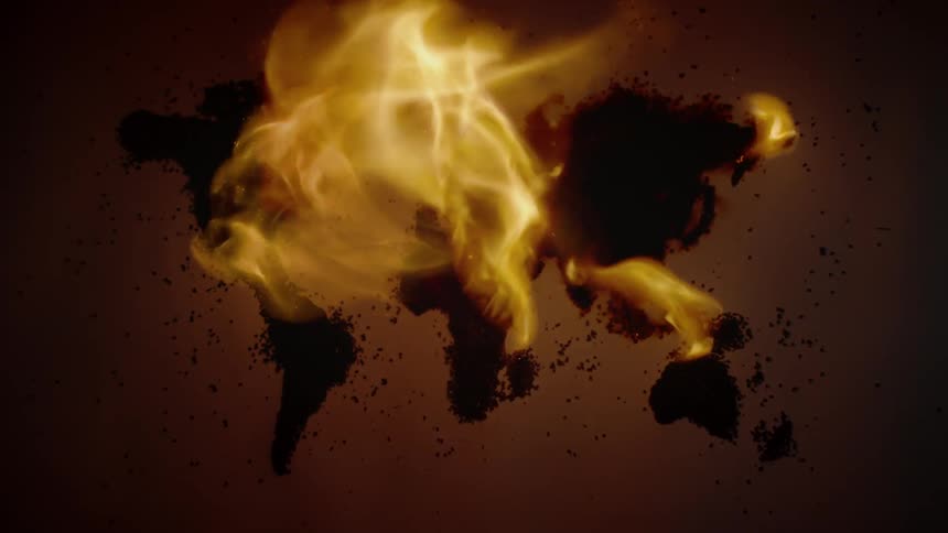 Flames burning on shapes of the worlds continents