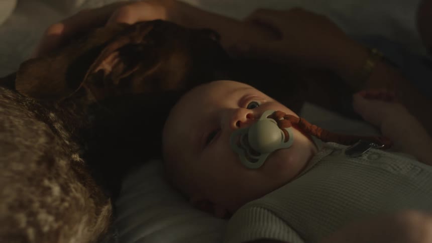 Closeup of a baby lying on the bed with a dog beside it receiving affection on its head