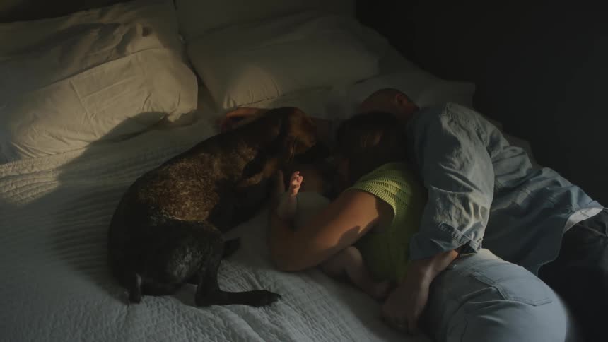 A man woman baby and dog lie on a bed