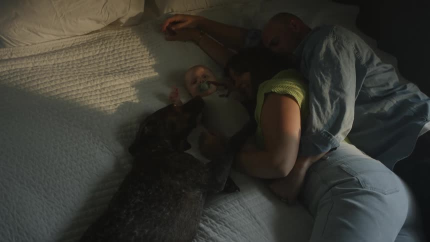 A couple are lying in bed together with their baby and pet dog