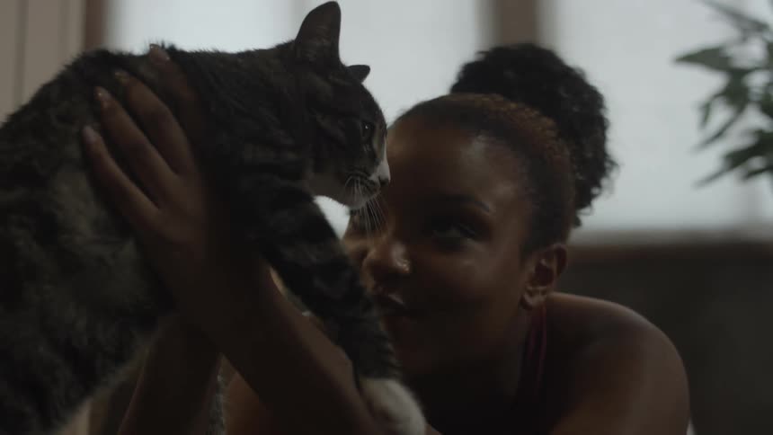 Woman holding a cat with both hands playing with it and giving it a kiss at the end
