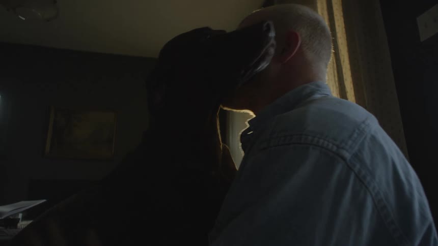 Man affectionately petting his dog in an indoor setting with sunlight