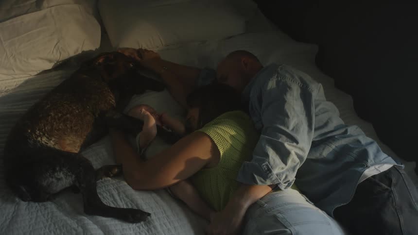 Parents lie on bed with baby and dog