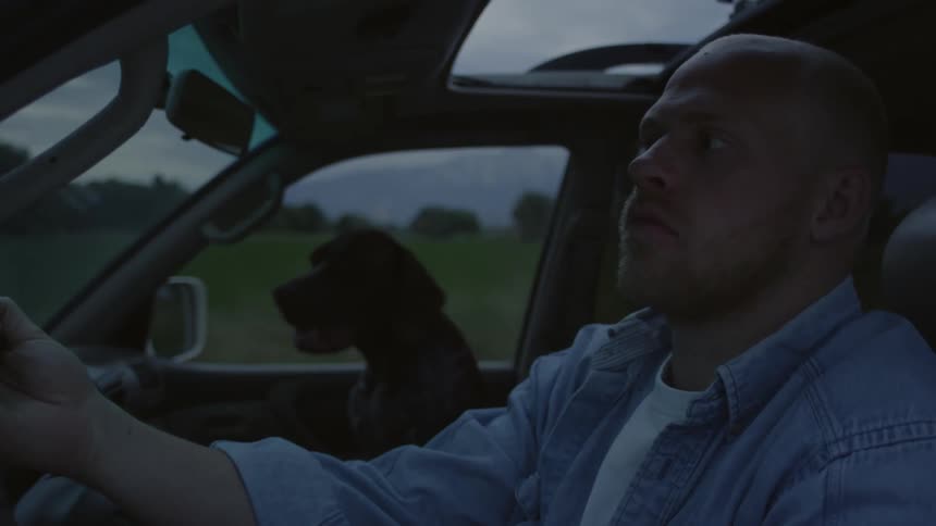 A man driving a vehicle with his dog in the passenger seat at dusk as he pulls into a lot