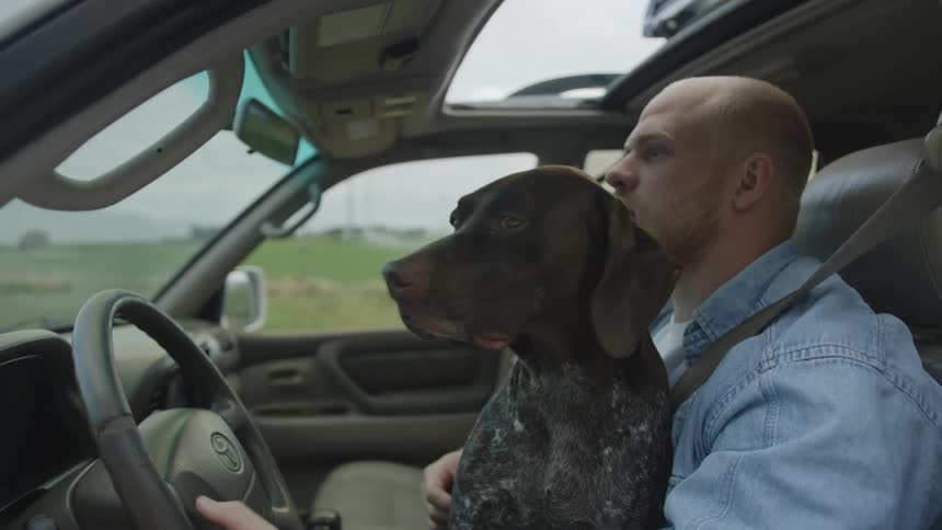 Man driving with his dog in his lap