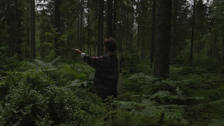 Person stands in forest and points left