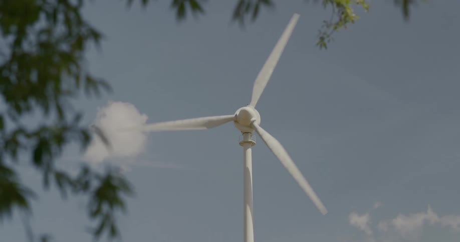 A wind turbine spins as tree branches move in the breeze