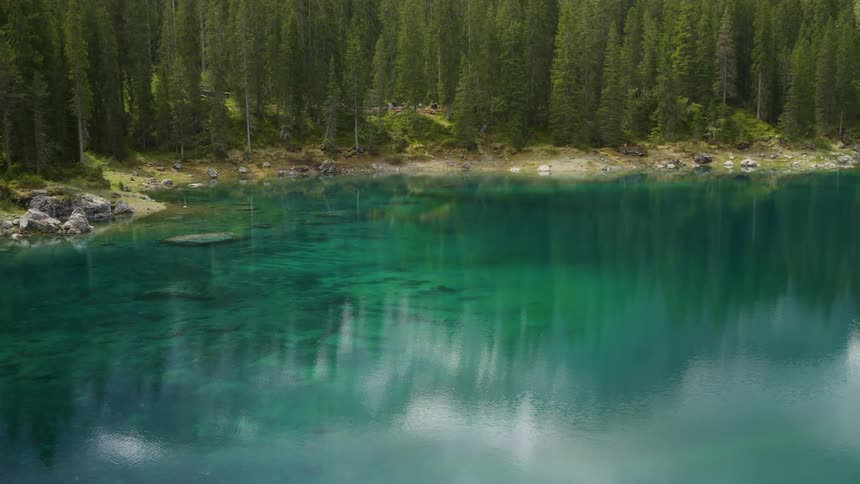 Crystal clear blue lake surrounded by coniferous trees