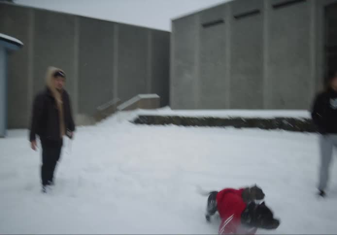 A man is outside in the snow playing with his two small dogs as he throws a ball and they chase it