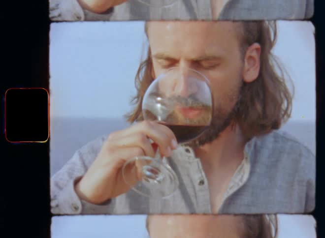 Young man or wine connoisseur with beard swirls sips and drinks wine during an outdoor wine tasting session while enjoying the sensory impression and gustatory quality and great smell of delicious red wine in a large glass making him smile