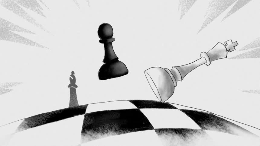 A black colored chess pawn knocking over a white colored king