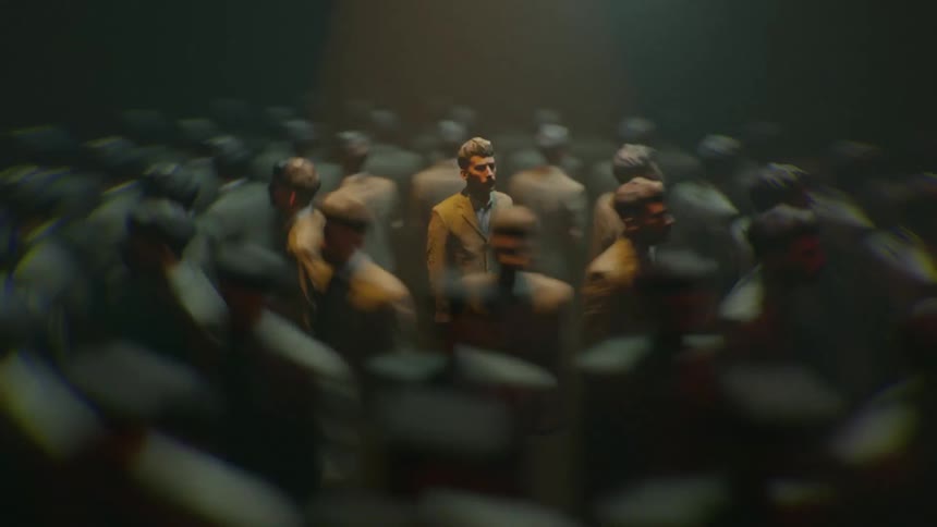 Spotlight dims and only shines onto person in center of spinning copies