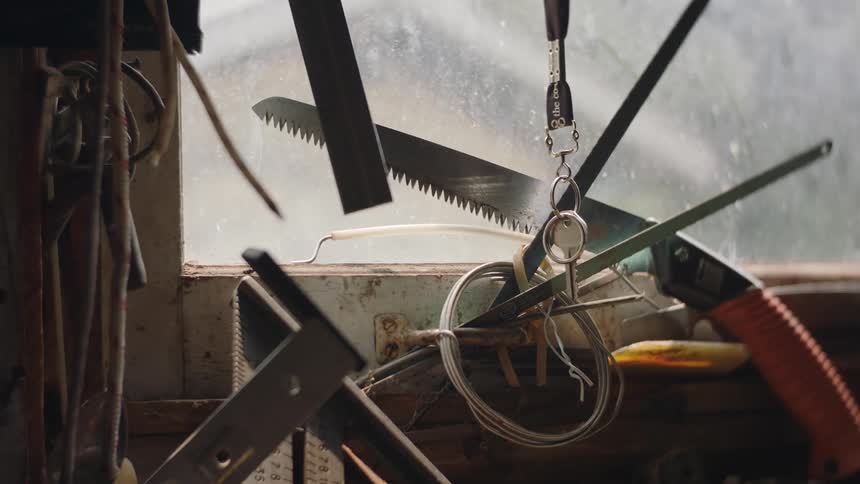 Tools and key ring near window