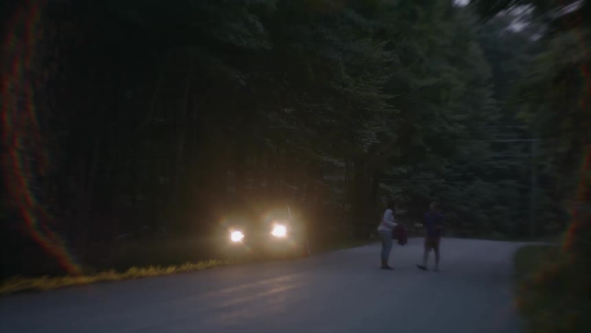 Couple argue while standing in middle of road near car parked at edge of forest